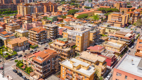 Aerial view of the town of Pomezia, in the Metropolitan City of Rome, Italy. It is a residential area near the big city.