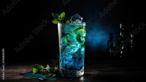 Mojito Eclectic Fusion: Multilayered Dark Sky-Blue Cocktail in Provia, Kimoicore, Indian Pop Culture, and Strip Painting Style in 8K created with generative AI technology