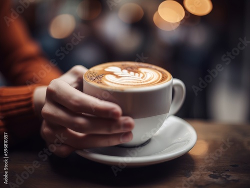 Hands holding a coffee cup with a blurred cafe background