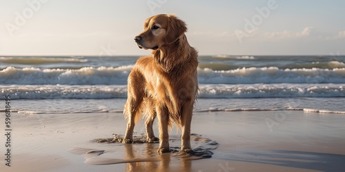 golden retriever dog is standing on a sandy beach near the ocean Generative AI
