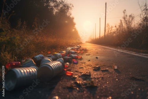 Abandoned cans litter park road at sunrise. Generative AI