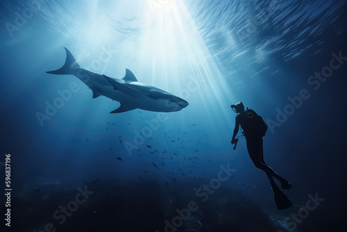 a diver swims with a shark in the maldives in the depths of the ocean, AI