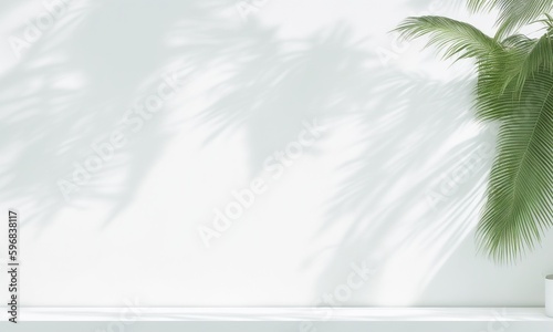 Blank minimal white counter podium, soft beautiful dappled sunlight, tropical palm foliage leaf shadow on wall for luxury hygiene organic cosmetic, skincare, background (Generative AI)