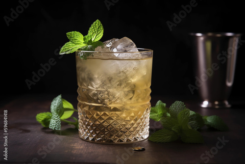 mint julep. is a mixed alcoholic beverage, or cocktail, consisting primarily of bourbon, sugar, water, crushed ice, and fresh mint. (generative ai)