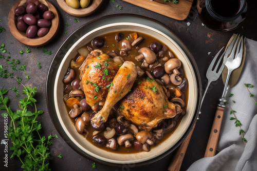 coq au vin, typical dish of French cuisine, made with rooster meat and wine. generative ai