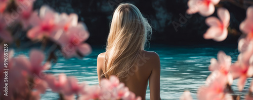 Seductive topless golden haired woman immersed in water surrounded by pink flowers. Attractive photo to capture the romantic spirit. Generative AI