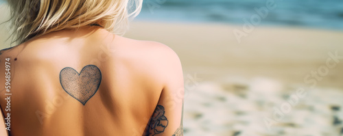 A blonde woman on vacation on the beach features a heart tattoo on her bare back, inviting love and inspiration. Generative AI