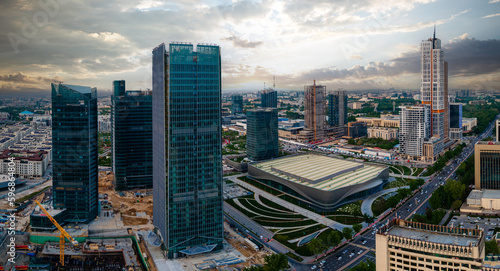 Aerial panorama view of city center contemporary buildings Scyscrapers in Tashkent Uzbekistan