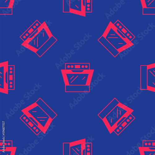Red Oven icon isolated seamless pattern on blue background. Stove gas oven sign. Vector