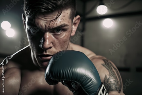 Close-up of a boxer with a threatening tone, Caucasian. Ai generated.