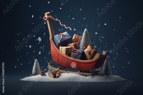 Illustration of kids' sled with red bag and gifts; snow and Christmas tree on dark blue backdrop, festive gift boxes adorned with ribbons and bows. Generative AI