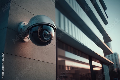 Security camera on modern building. Professional surveillance cameras. CCTV on the wall in the city. Security system, technology. Video equipment for safety system area control outdoor. Generative AI
