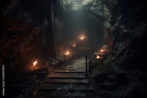 Dark, misty mountain cave with ominous entrance gate leading to perilous underworld labyrinth lit by torches. Generative AI