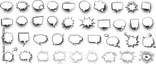 Retro empty comic speech bubbles set with black halftone shadows. Vintage design, pop art style - stock vector.