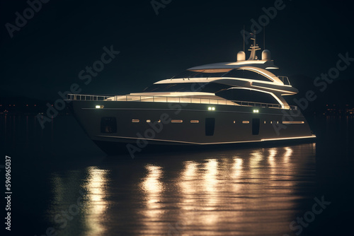 Yacht in motion with lights reflecting on the water, Generative AI 