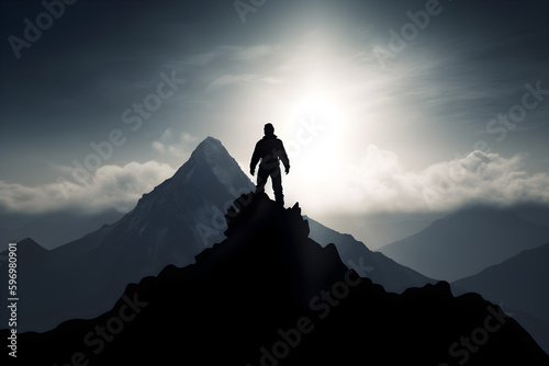 Silhouette of a triumphant individual standing a mountain peak , Leadership Concept. Generative AI. 