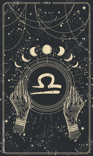 Zodiac sign Libra hand drawing, vintage boho astrology card for stories, black mystical background with stars, vector illustration by line. Template for divination, prediction of the future, calendar.