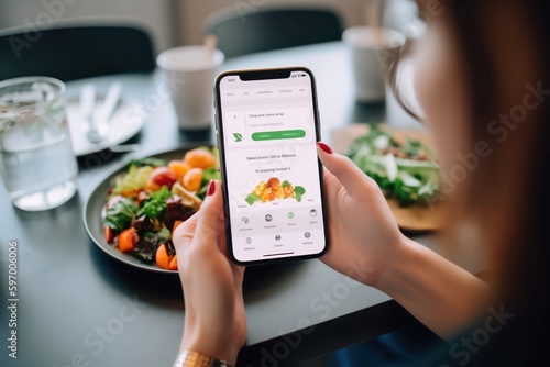 Person using smartphone app to track calories and macronutrients, managing diet and maintaining healthy lifestyle, generative ai