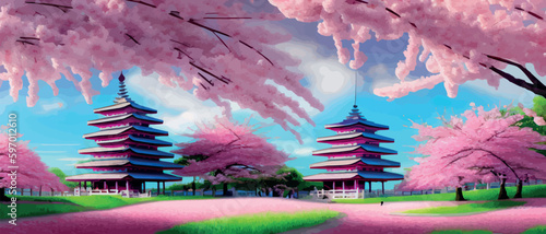 Cherry trees and lake under Mount Fuji, clear cloudy sky at dusk, super realistic and highly detailed Japanese pagoda, vector illustration