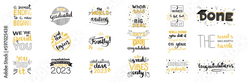 Collection of graduation quotes. Congrats graduates, class of 2023. Inspirational grad party quotes. Vector design icons for congratulation ceremony, invitation card, banner. College, school, academy 