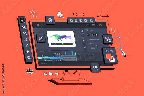 Program for creating frame-by-frame animation.Toolbar. Creation of cartoons and animations. Hand drawn graphics. Animate your character. Fake 3d vector illustration 