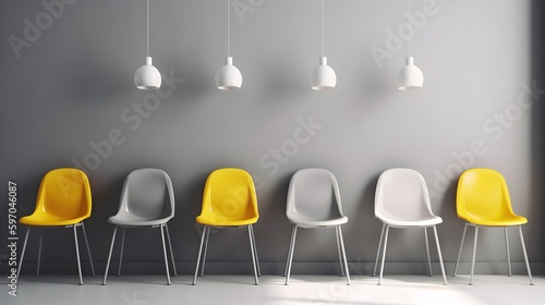 Un alignement de chaises jaunes, grises et blanches dans le cadre d'un recrutement suite à une offre d'emploi