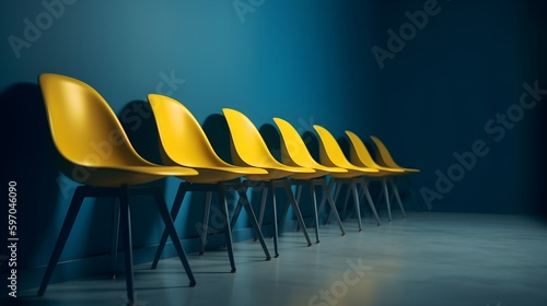Un alignement de chaises jaunes dans le cadre d'un recrutement suite à une offre d'emploi