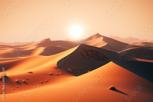 Surreal desert dunes against orange gradient skyline - modern background. Generative AI