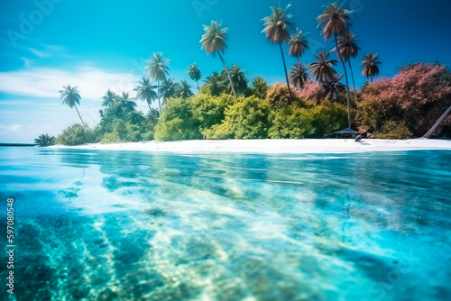 Paradise tropical island with crystal blue water, white sand, palm trees and blue sky. Created with Generative AI technology.