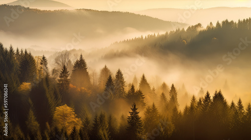 Magical autumn forest with sun rays in the evening. Trees in fog. Colorful landscape with foggy forest, gold sunlight, and orange foliage at sunset