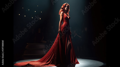 Theater actress in a beautiful red dress created with generative AI technology