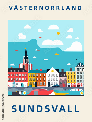 Sundsvall: Poster der schwedischen Stadt mit einer Illustration