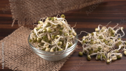 Close up of pile of sprouted seeds of green gram or moong.