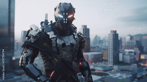 3D rendering of a Robot in a futuristic city of buildings