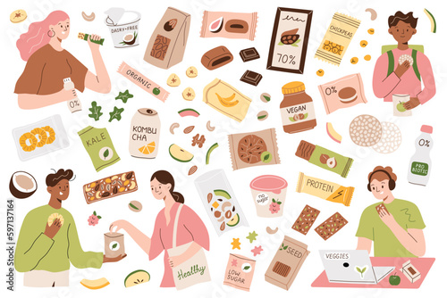 Healthy organic snacks to buy, vegans eating granola bars, dry fruits, store bought protein packed food, tasty sugar-free snack icons, hand drawn vector illustrations of packaged fortified desserts