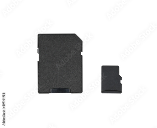 Close up front of micro sd or memory card and adapter isolated, png file element.