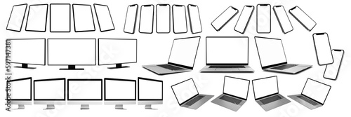 Realistic Screen Mockup Set with Smartphone, Tablet, Laptop and Computer Monitor and TV Television isolated with transparent screen png in different viewing angles