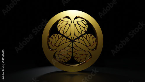 KAMON,Japanese family crests.Golden symbol on a black background.