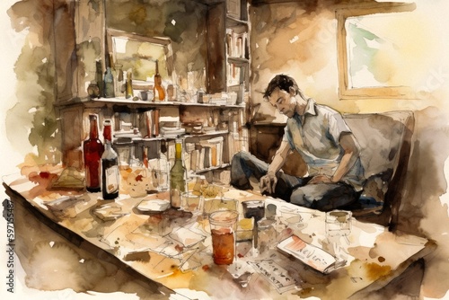 Drinking Habit - Drunk Husband in a Young Family Concept: A watercolor painting portraying a disorderly living room with a table piled with empty bottles. Generative AI