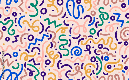 Colorful line doodle seamless pattern. Creative abstract colored squiggle style drawing background for kids or trendy design with basic shapes. Simple vector childish scribble wallpaper print.
