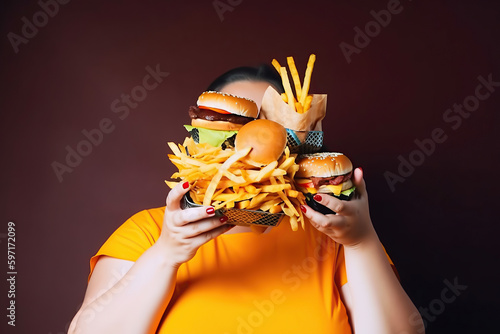 Fat woman eating unhealthy food, generative ai.