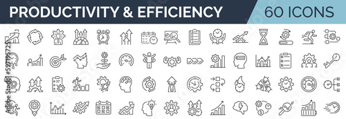 Set of 60 line icons related to productivity and efficiency. Outline icon collection. Linear business and leader symbols. Editable stroke. Vector illustration. 