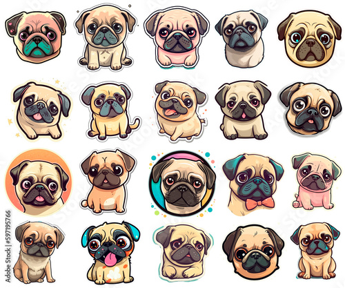 set of funny pug dog stickers