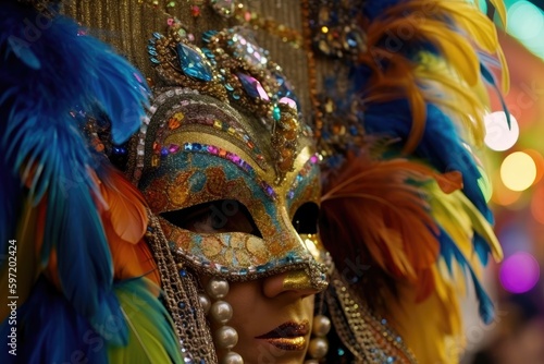 close-up of dancing queen's mask, with the feathers and jewels twinkling on her face, created with generative ai