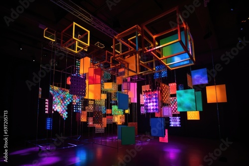 kinetic and interactive art installation made of colorful geometric shapes, lights, and sounds, created with generative ai