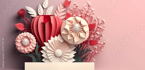 Paper flowers. Greeting card. Composition of flowers. Gold. white. Wallpaper. Banner. Generative AI