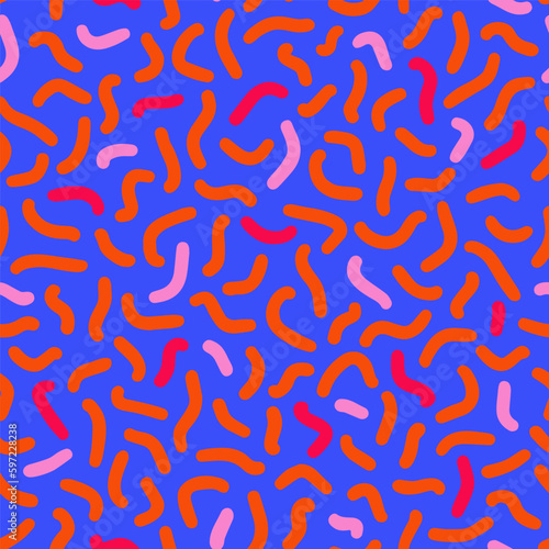 Random squiggle seamless pattern. Geometric abstract scribble ornament. 90s aesthetic vector design for textile, background, fabric, print, cover, wallpaper, backdrop.