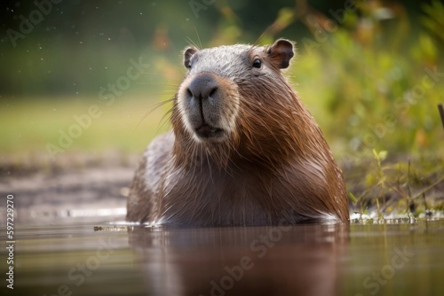 A close up of a capybara in nature, created with Generative Ai Technology