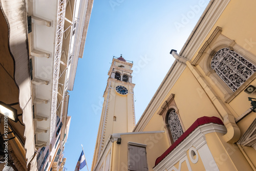 Bell tower of Saint Spyridon Church in Corfu, Greece.