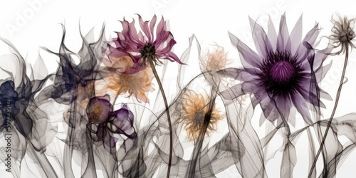 abstract vintage x-ray image of many type flowers isolated on white background,generative ai.
